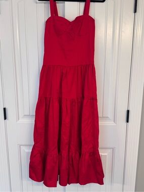 WAYF Red Strappy, corset, Tiered Midi Dress, size medium.